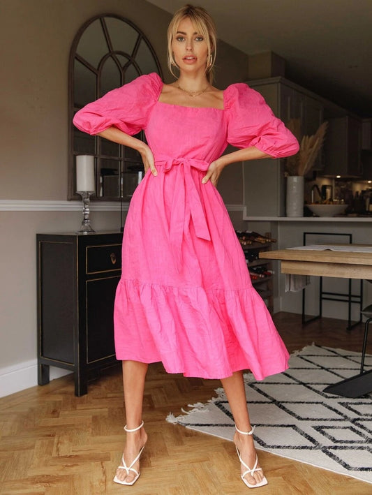 CM-DS606921 Women Casual Seoul Style Square Neck Puff Sleeve Belted Dress - Pink