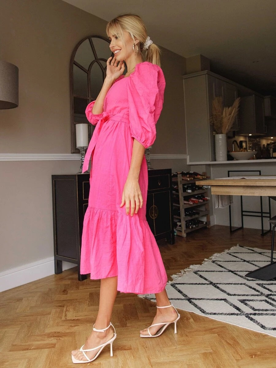 CM-DS606921 Women Casual Seoul Style Square Neck Puff Sleeve Belted Dress - Pink