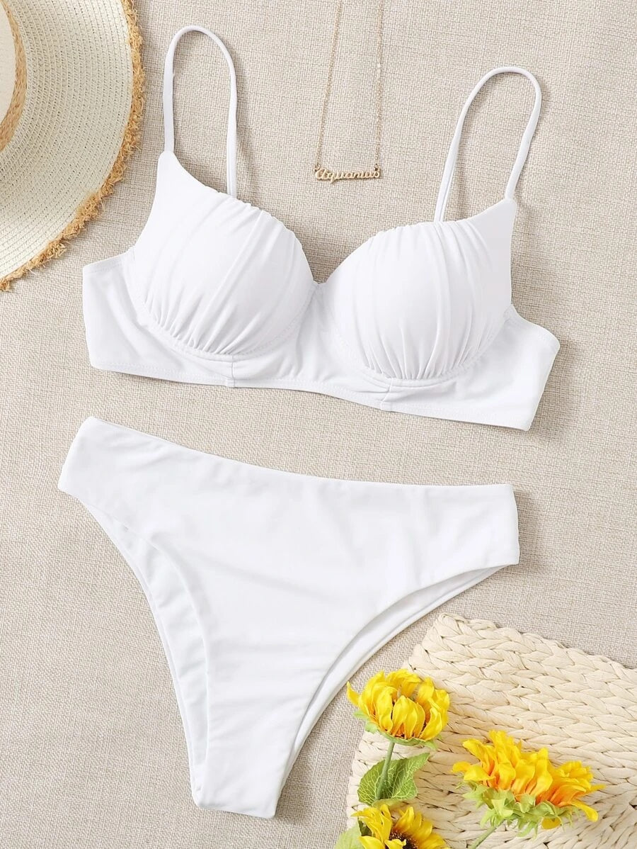 CM-SWS720395 Women Trendy Seoul Style Push Up High Waisted Bikini Swimsuit - White