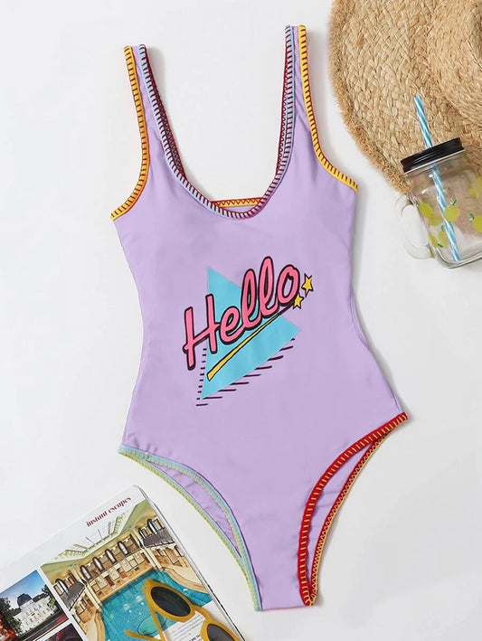 CM-SWS720545 Women Trendy Seoul Style Letter Graphic One Piece Swimsuit - Purple