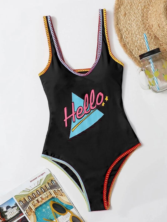 CM-SWS720235 Women Trendy Seoul Style Letter Graphic One Piece Swimsuit - Black