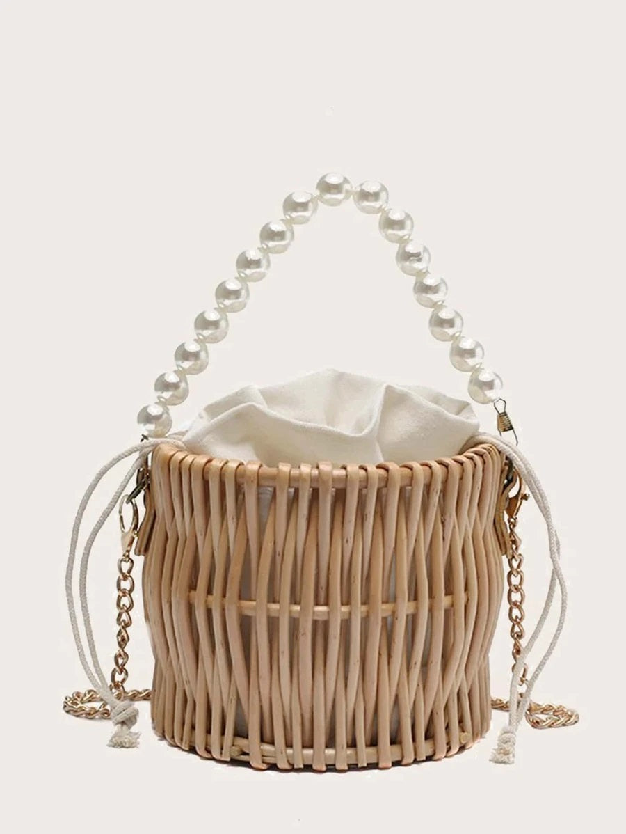 CM-BGS721381 Women Trendy Bohemian Style Faux Pearl Decor Handle Woven Bucket Bag