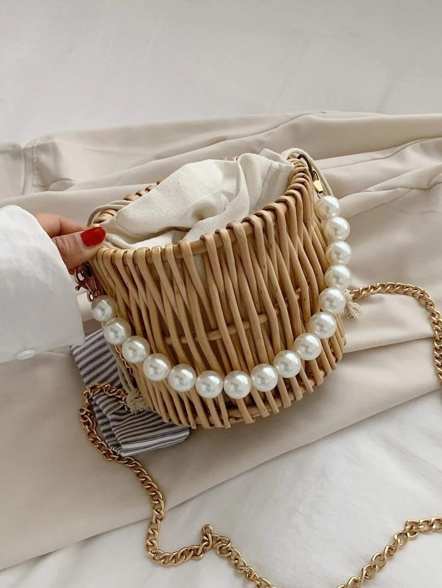 CM-BGS721381 Women Trendy Bohemian Style Faux Pearl Decor Handle Woven Bucket Bag