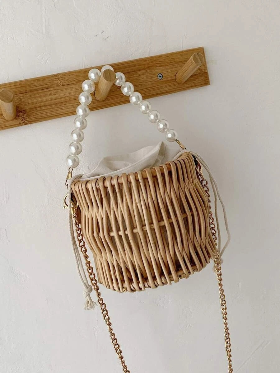 CM-BGS721381 Women Trendy Bohemian Style Faux Pearl Decor Handle Woven Bucket Bag