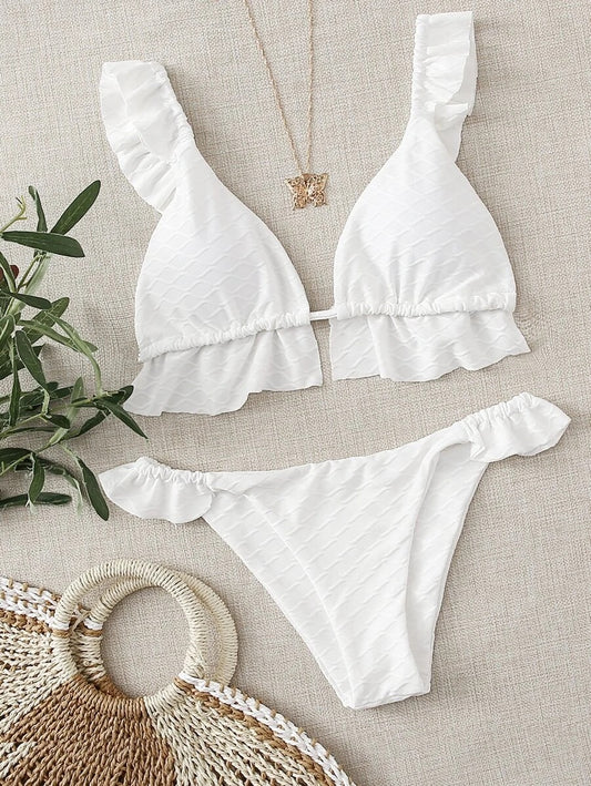 CM-SWS716806 Women Trendy Seoul Style Textured Ruffle Triangle Bikini Swimsuit - White