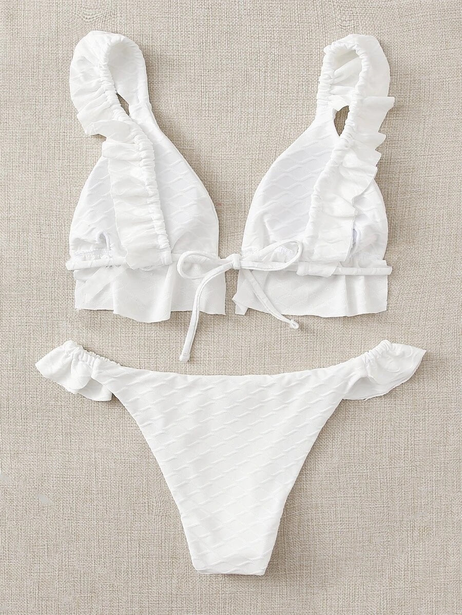 CM-SWS716806 Women Trendy Seoul Style Textured Ruffle Triangle Bikini Swimsuit - White