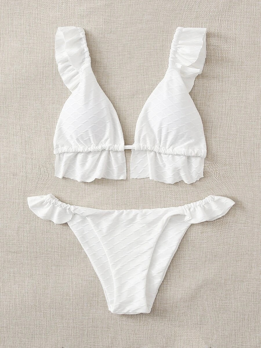 CM-SWS716806 Women Trendy Seoul Style Textured Ruffle Triangle Bikini Swimsuit - White