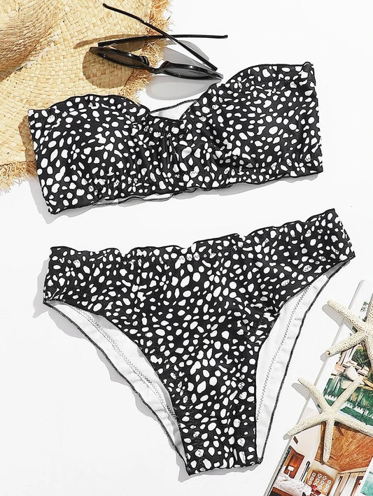 CM-SWS721210 Women Trendy Seoul Style Dalmatian Bandeau Bikini Swimsuit - Black