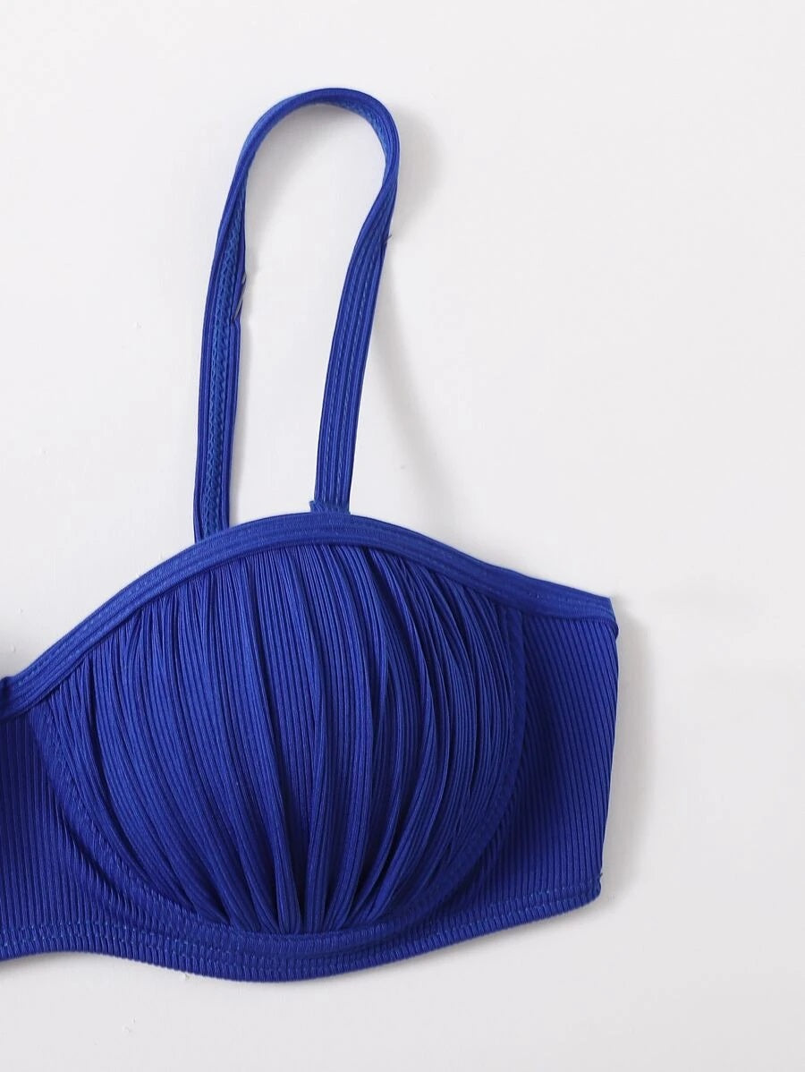 CM-SWS721132 Women Trendy Seoul Style Rib Underwire Push Up Bikini Swimsuit - Blue