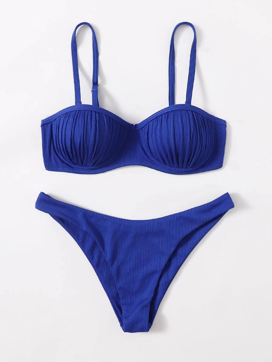 CM-SWS721132 Women Trendy Seoul Style Rib Underwire Push Up Bikini Swimsuit - Blue