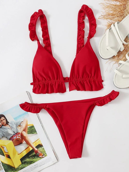 CM-SWS723703 Women Trendy Seoul Style Frill Triangle Thong Bikini Swimsuit - Red