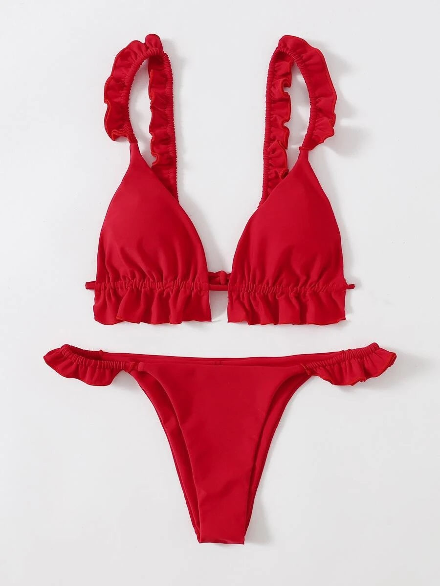 CM-SWS723703 Women Trendy Seoul Style Frill Triangle Thong Bikini Swimsuit - Red