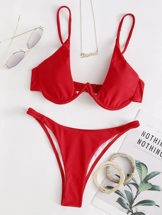 CM-SWS723403 Women Trendy Seoul Style Underwire Thong Bikini Swimsuit - Red