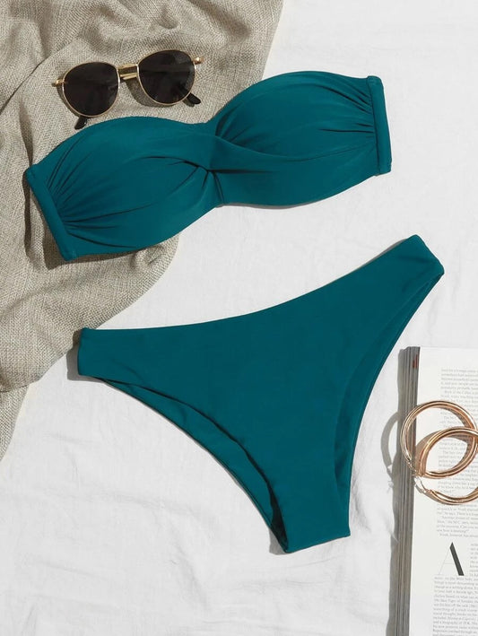 CM-SWS724308 Women Trendy Seoul Style Twist Push Up Bandeau Bikini Swimsuit - Green