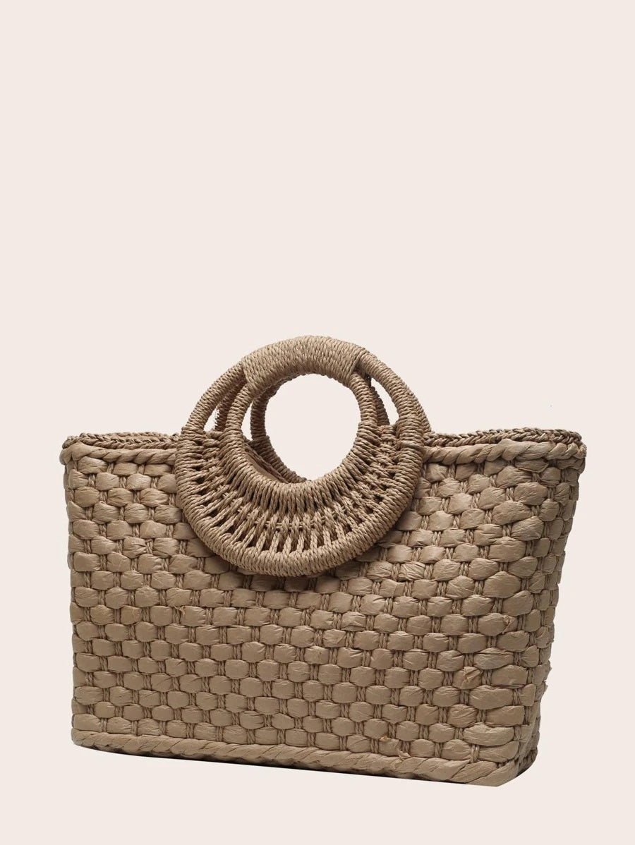 CM-BGS724142 Women Trendy Bohemian Style Double Handle Braided Tote Bag - Khaki