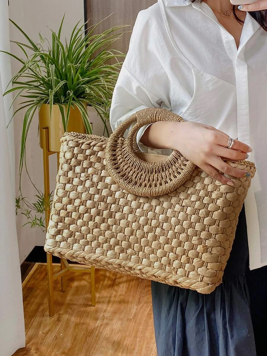 CM-BGS724142 Women Trendy Bohemian Style Double Handle Braided Tote Bag - Khaki