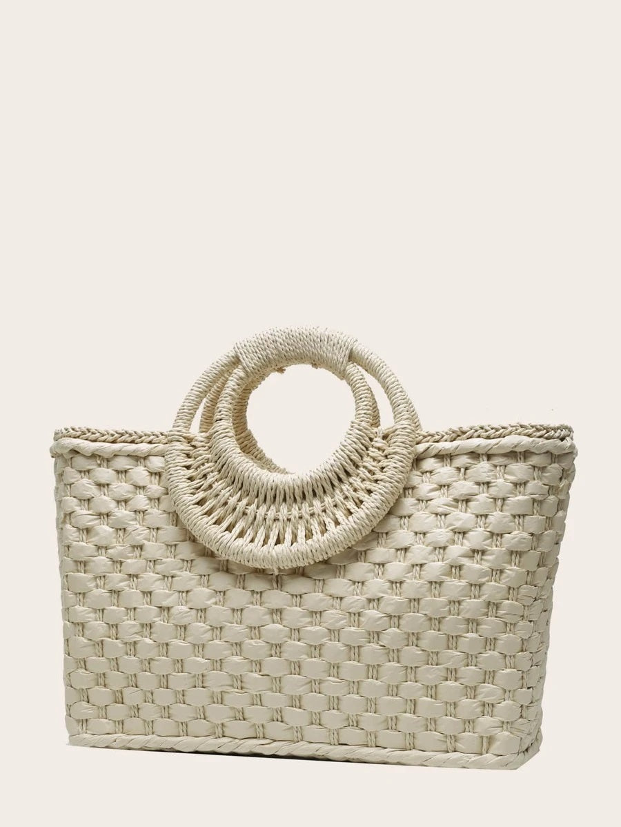 CM-BGS724465 Women Trendy Bohemian Style Double Handle Braided Tote Bag - Beige