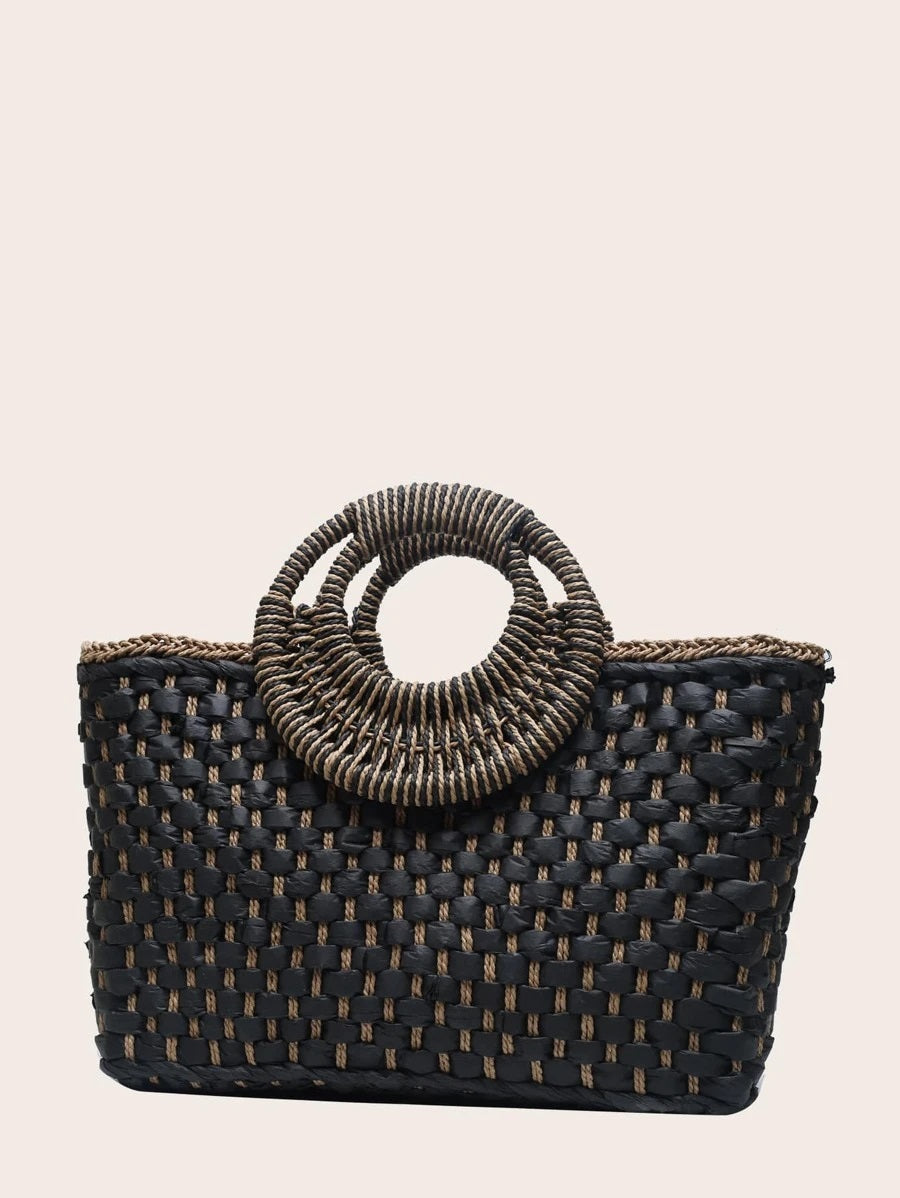 CM-BGS724991 Women Trendy Bohemian Style Double Handle Braided Tote Bag - Black