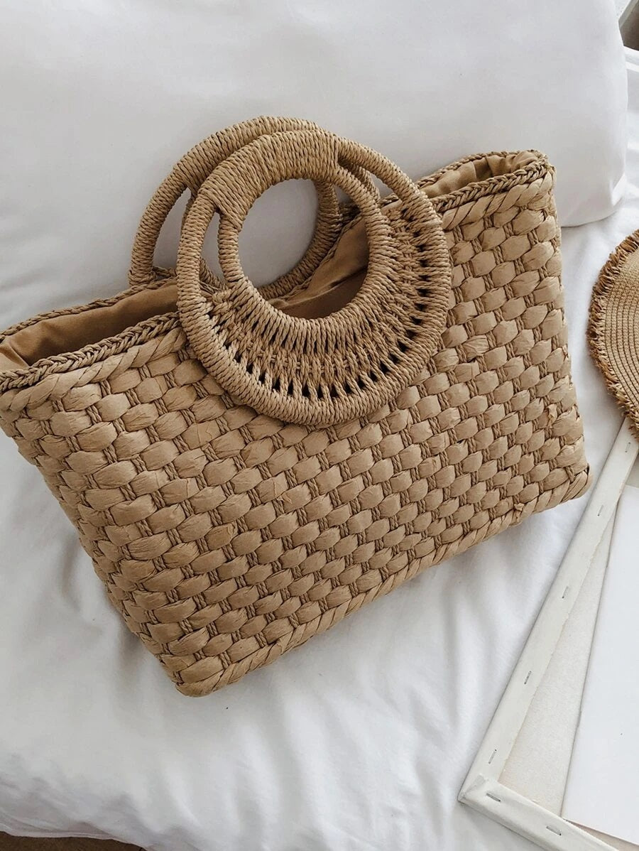 CM-BGS724142 Women Trendy Bohemian Style Double Handle Braided Tote Bag - Khaki