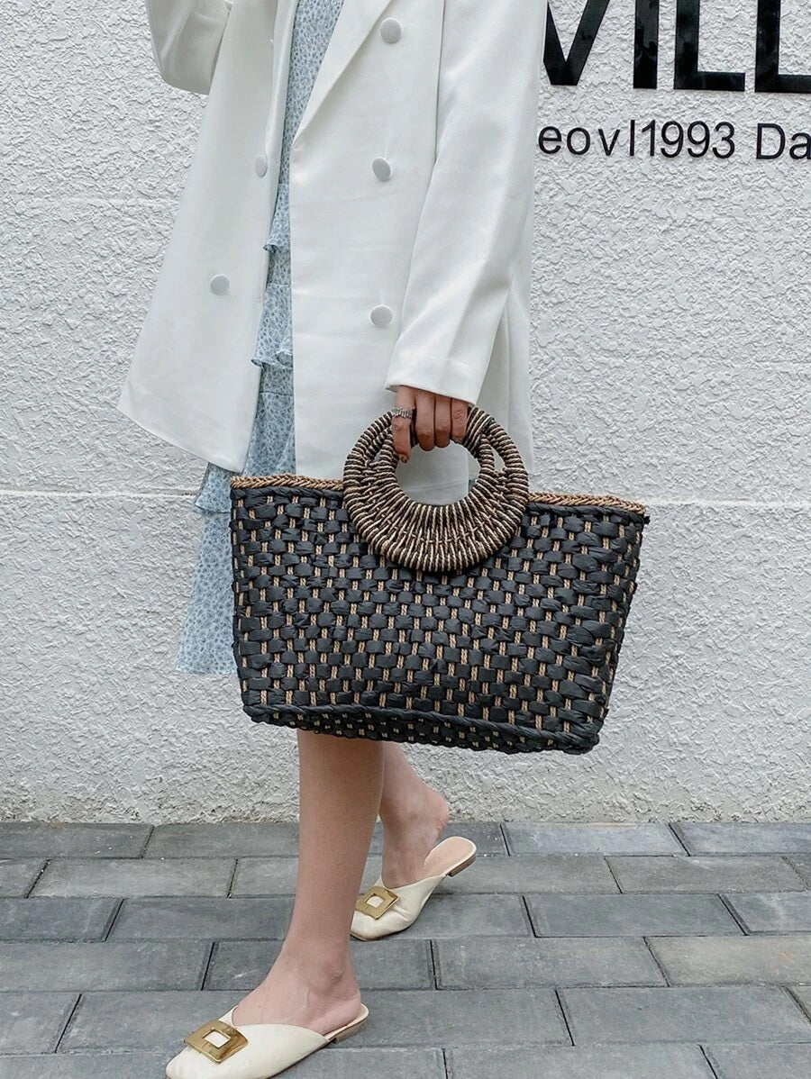 CM-BGS724991 Women Trendy Bohemian Style Double Handle Braided Tote Bag - Black
