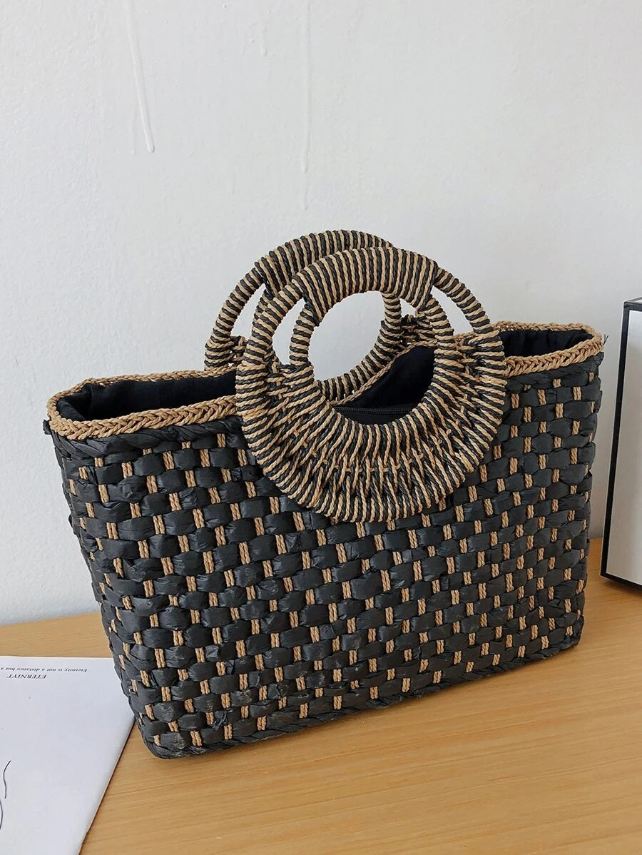CM-BGS724991 Women Trendy Bohemian Style Double Handle Braided Tote Bag - Black