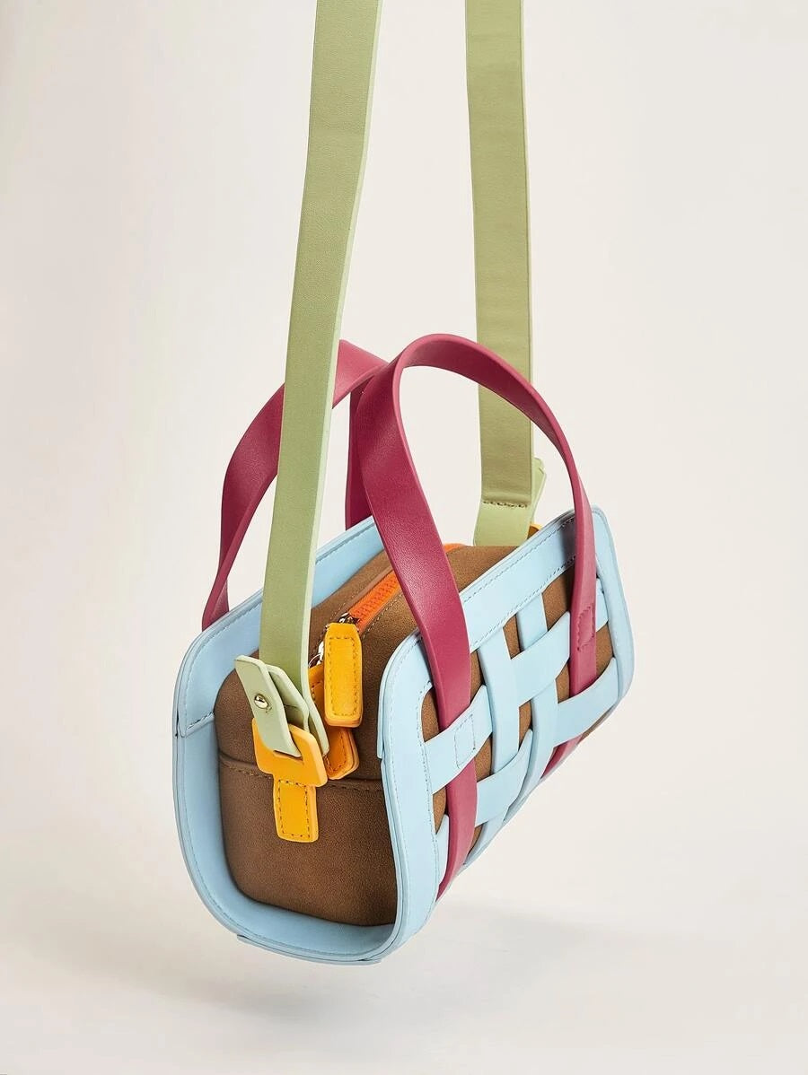 CM-BGS618106 Women Trendy Seoul Style Hollow Out Woven Multicolor Satchel Bag