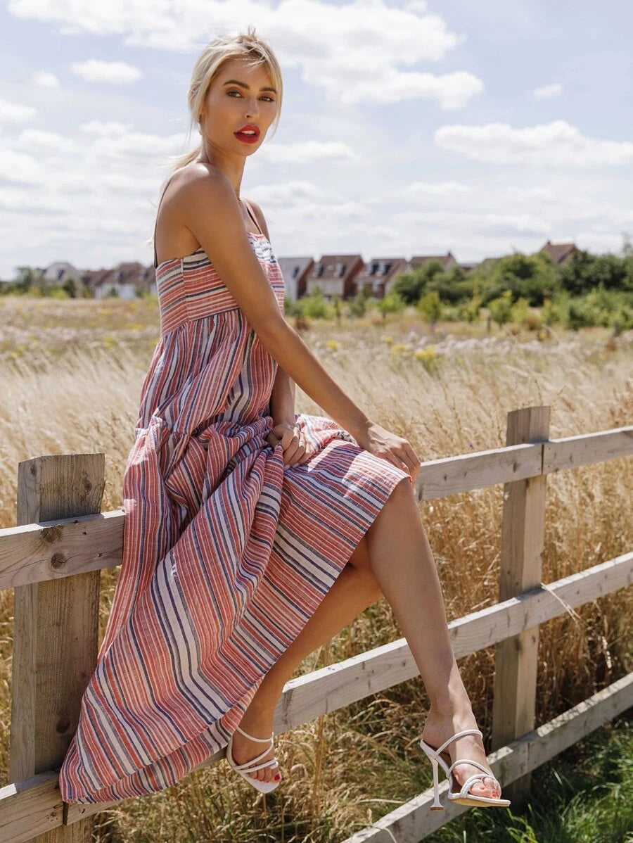 CM-DS609600 Women Trendy Bohemian Style Sleeveless Striped Maxi Cami Dress - Red