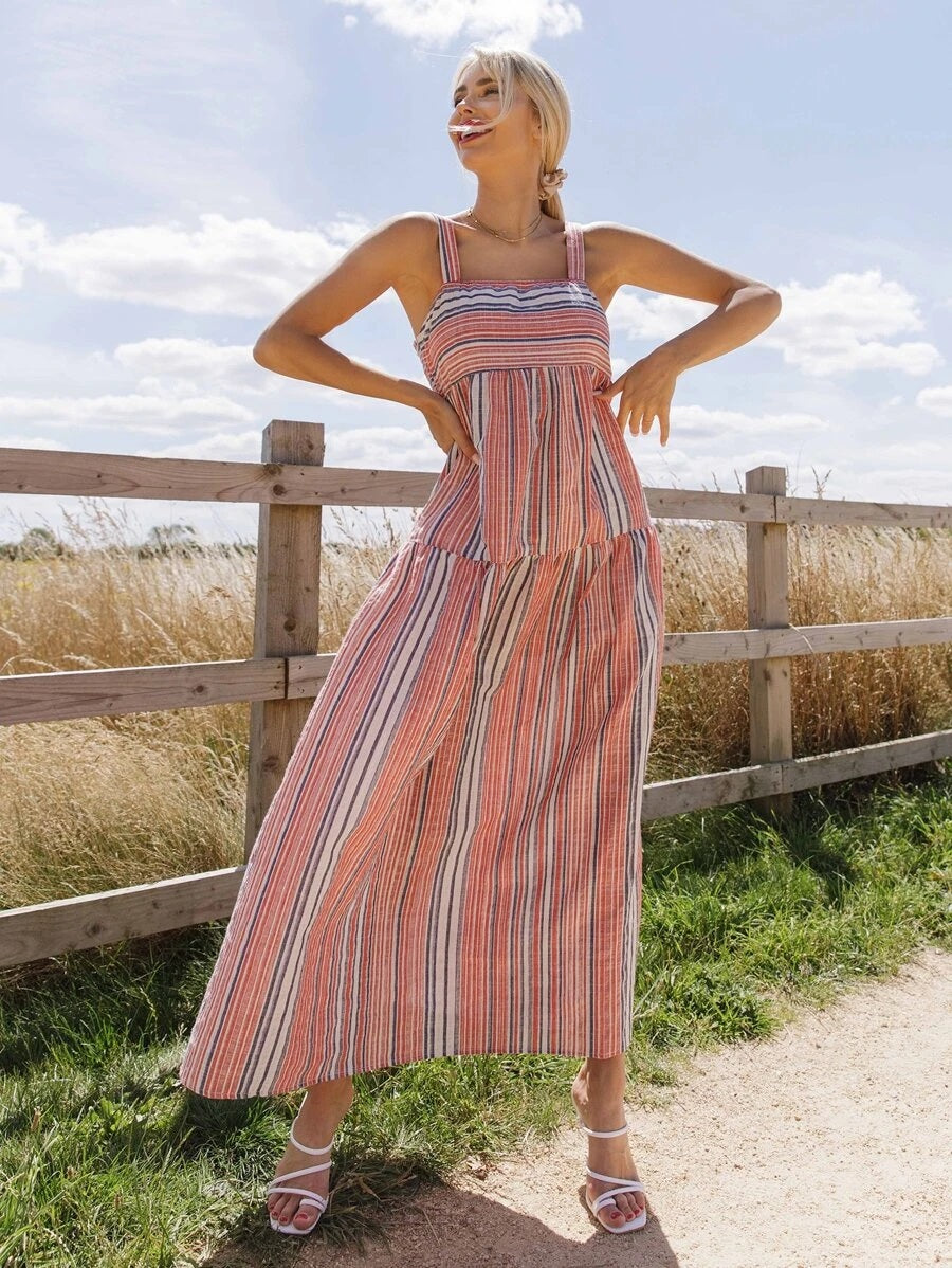 CM-DS609600 Women Trendy Bohemian Style Sleeveless Striped Maxi Cami Dress - Red