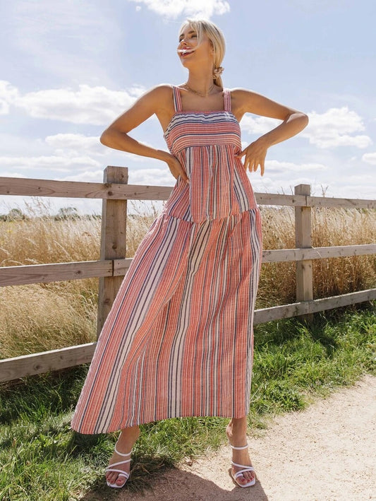 CM-DS609600 Women Trendy Bohemian Style Sleeveless Striped Maxi Cami Dress - Red