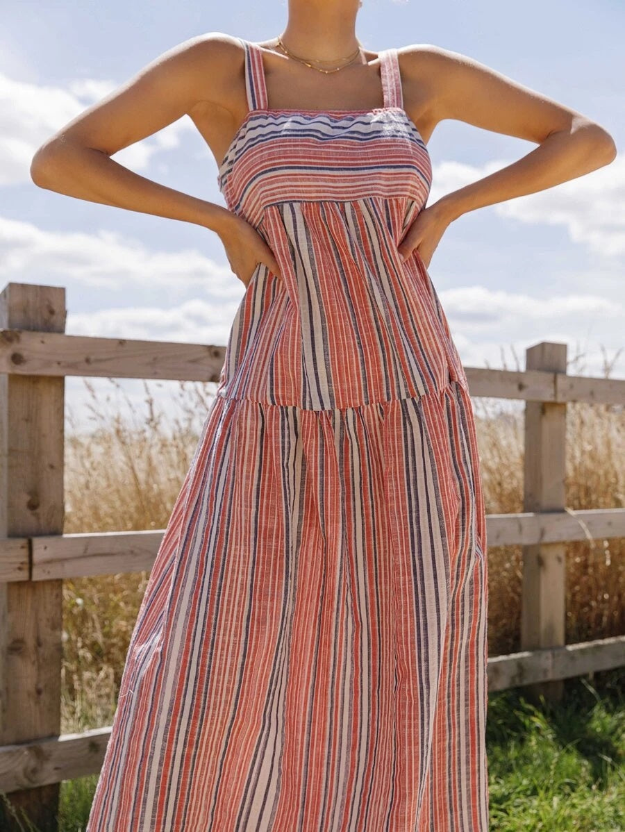 CM-DS609600 Women Trendy Bohemian Style Sleeveless Striped Maxi Cami Dress - Red