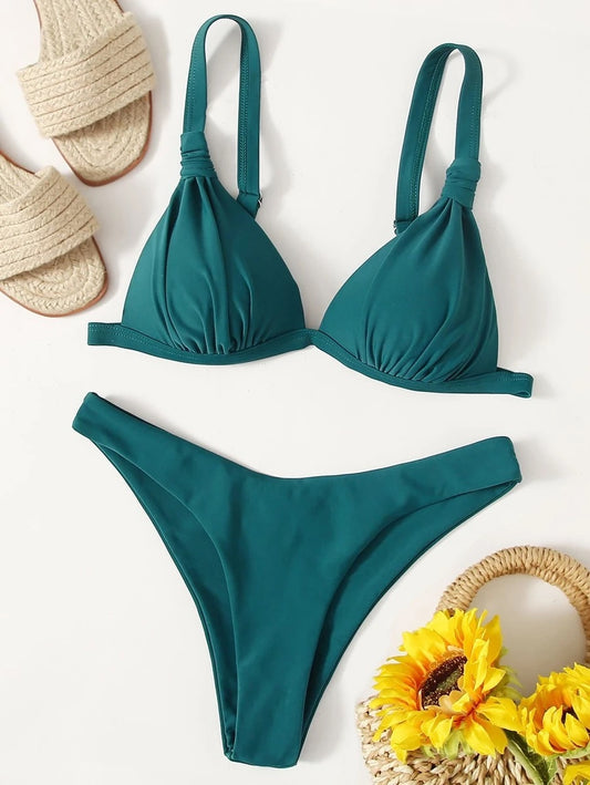 CM-SWS730871 Women Trendy Seoul Style Knot Detail Triangle Bikini Swimsuit - Teal Blue