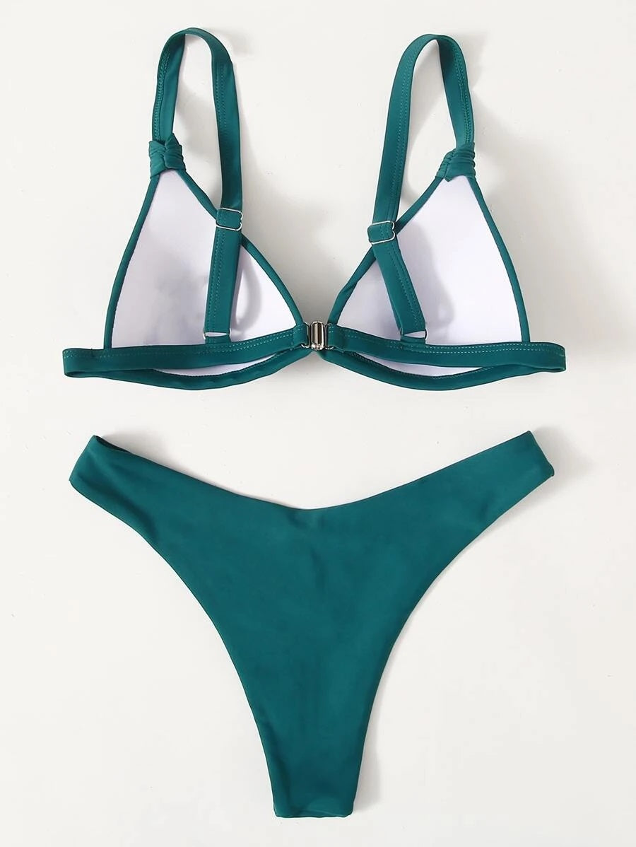 CM-SWS730871 Women Trendy Seoul Style Knot Detail Triangle Bikini Swimsuit - Teal Blue