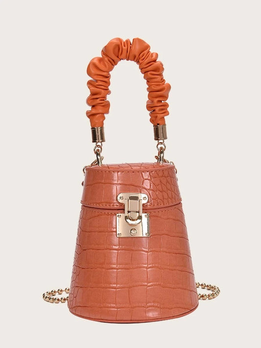 CM-BGS731103 Women Trendy Seoul Style Mini Ruched Croc Embossed Box Bag - Brown