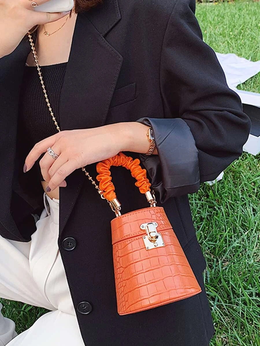 CM-BGS731103 Women Trendy Seoul Style Mini Ruched Croc Embossed Box Bag - Brown