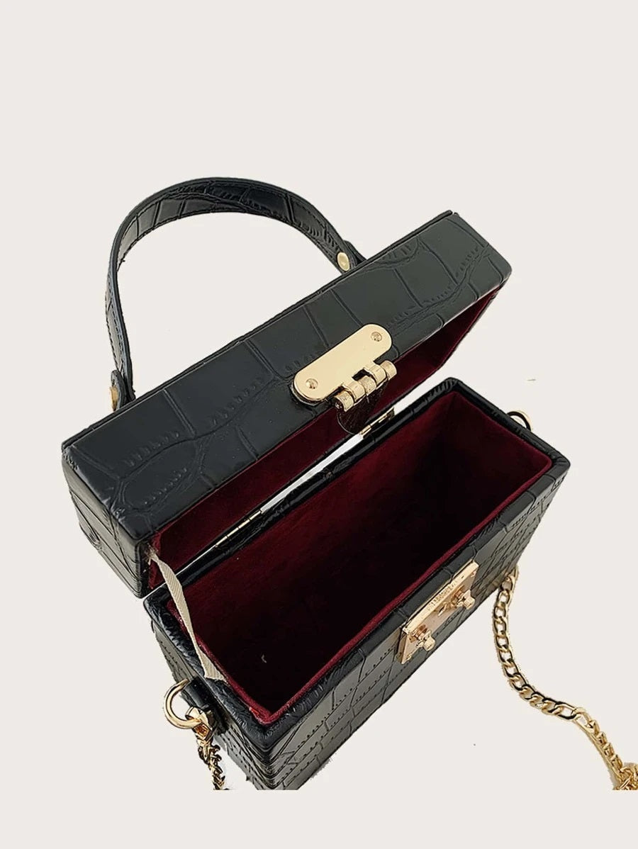 CM-BGS731554 Women Trendy Seoul Style Croc Embossed Box Bag - Black