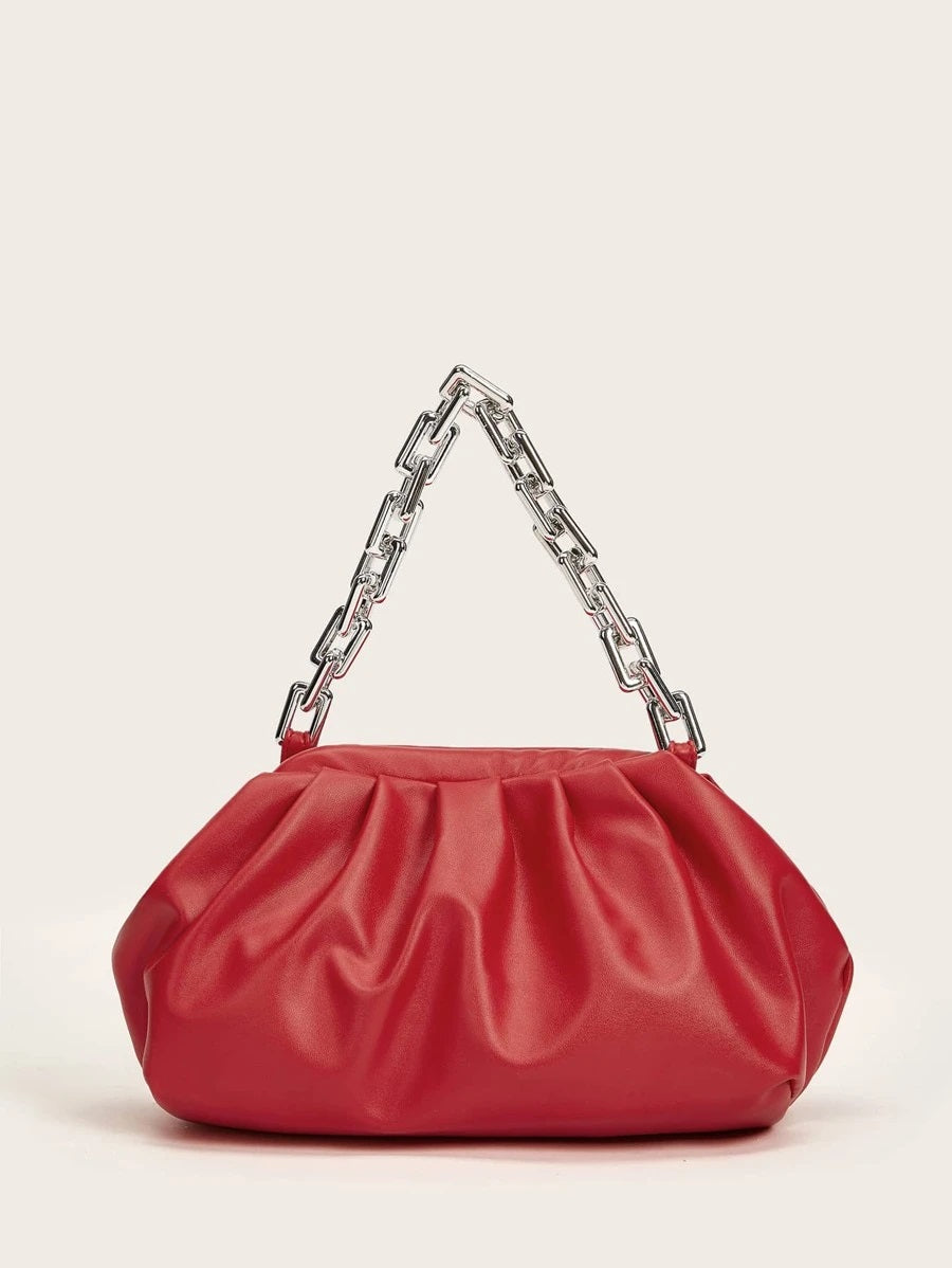 CM-BGS723216 Women Trendy Seoul Style Chain Handle Ruched Bag - Red