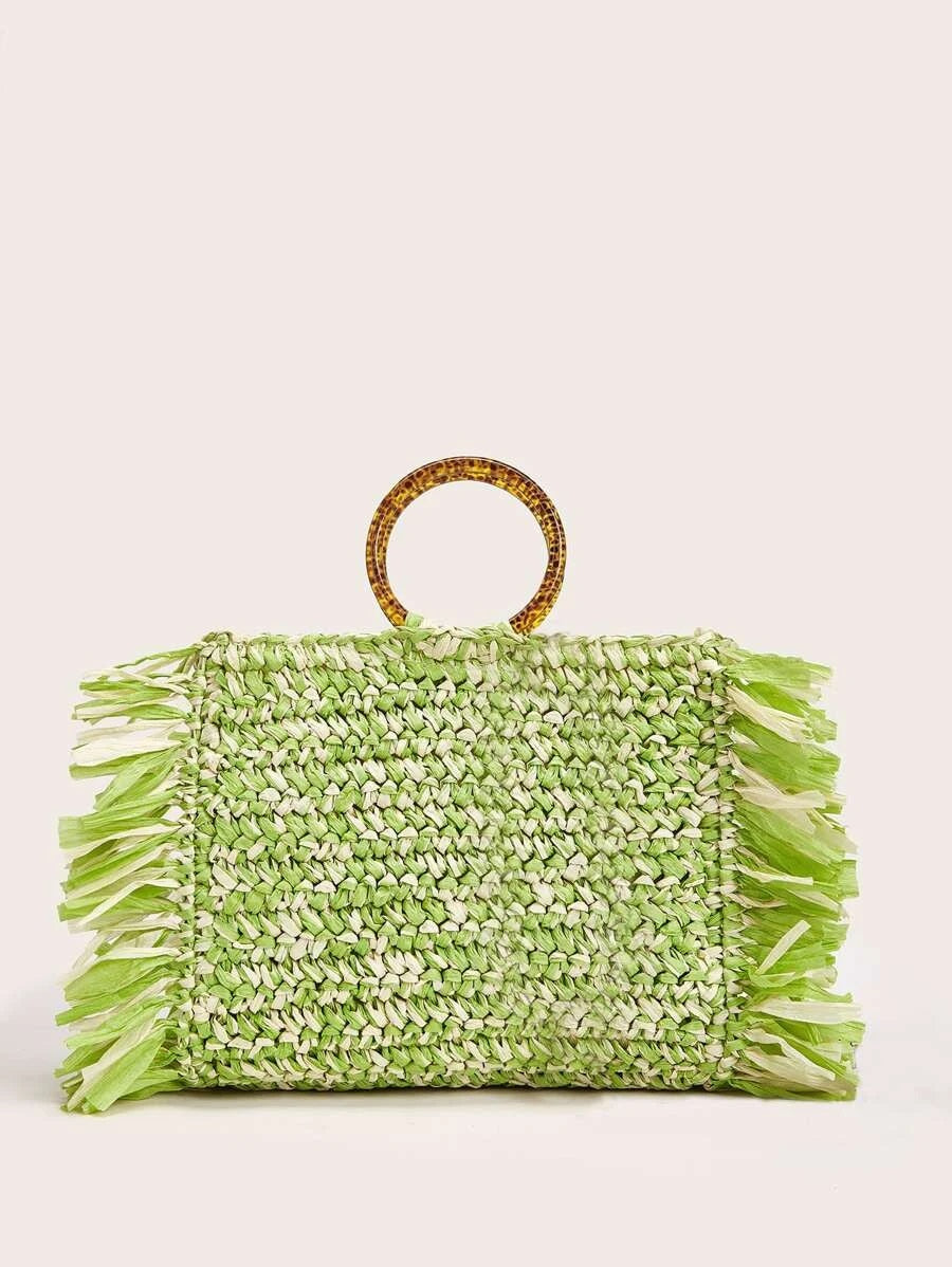 CM-BGS724834 Women Trendy Bohemian Style Round Handle Fringe Trim Woven Satchel Bag