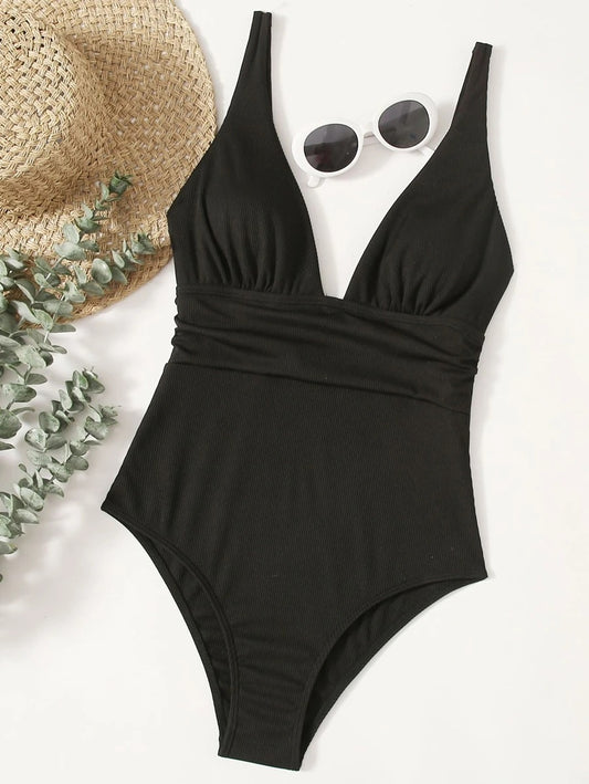 CM-SWS803545 Women Trendy Seoul Style Plain Ruched One Piece Swimsuit - Black