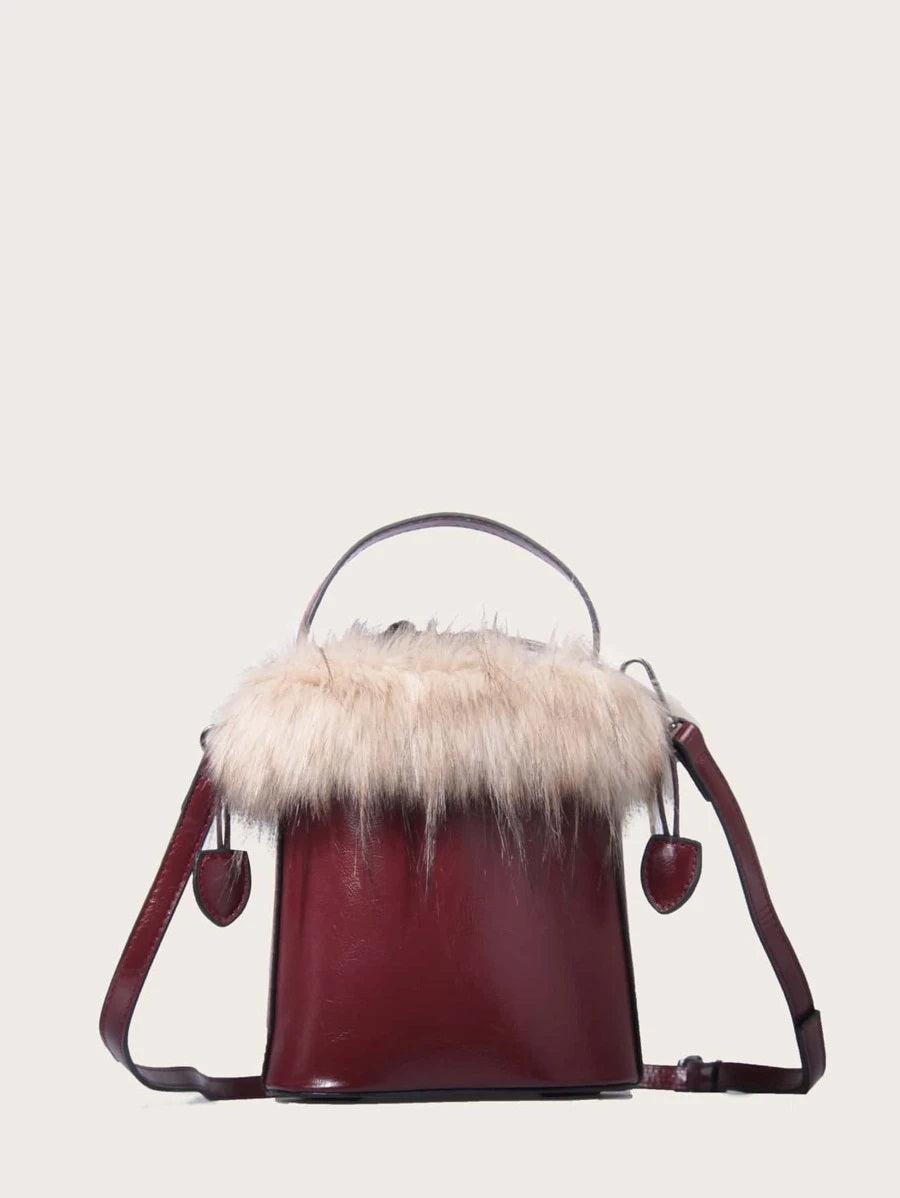 CM-BGS804175 Women Trendy Seoul Style Faux Fur Design Satchel Bag - Wine Red