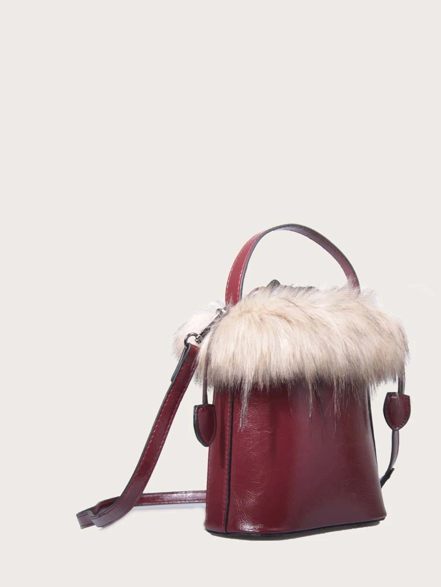 CM-BGS804175 Women Trendy Seoul Style Faux Fur Design Satchel Bag - Wine Red