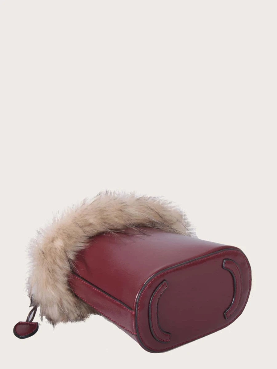 CM-BGS804175 Women Trendy Seoul Style Faux Fur Design Satchel Bag - Wine Red