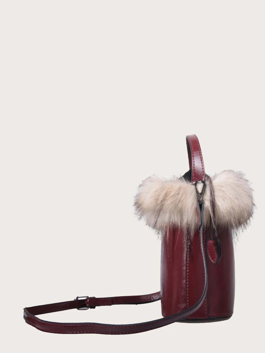 CM-BGS804175 Women Trendy Seoul Style Faux Fur Design Satchel Bag - Wine Red