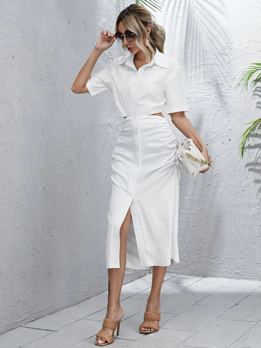 CM-DS722105 Women Elegant Seoul Style Button Front Ruched Detail Cut Out Shirt Dress - White