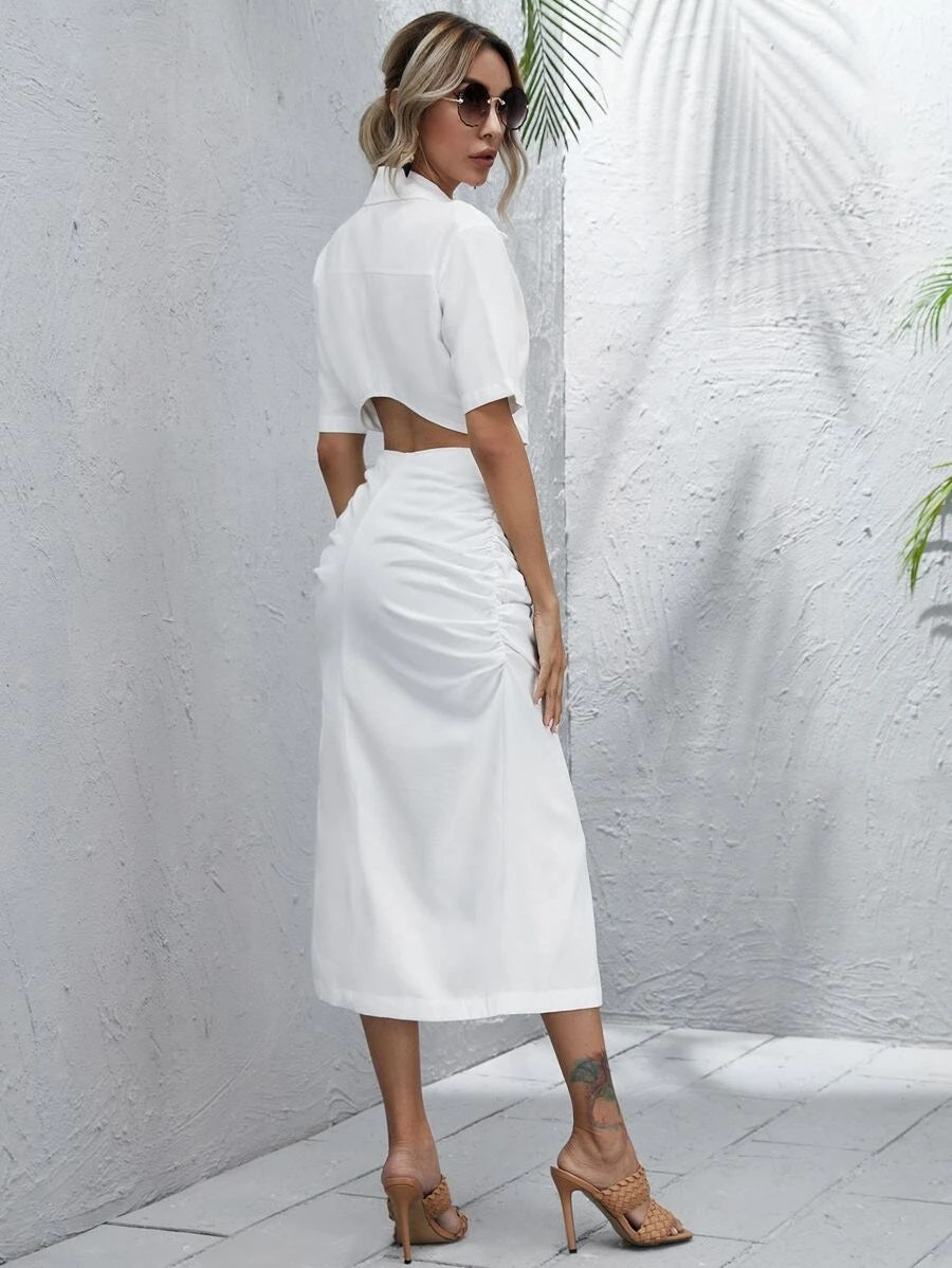 CM-DS722105 Women Elegant Seoul Style Button Front Ruched Detail Cut Out Shirt Dress - White