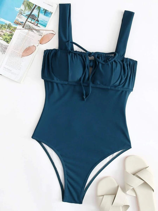 CM-SWS806287 Women Trendy Seoul Style Drawstring Knot Ruched One Piece Swimsuit