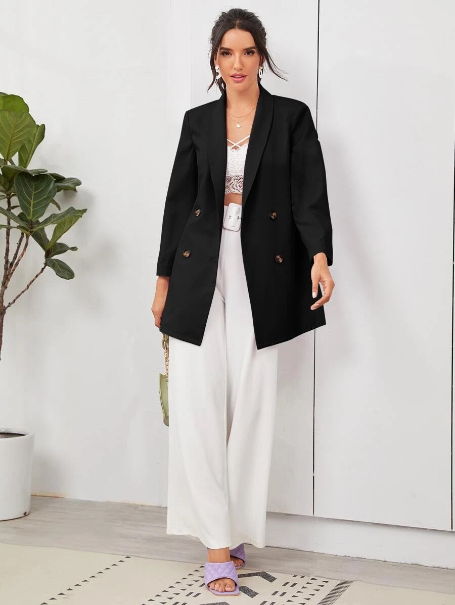CM-CS804092 Women Casual Seoul Style Long Sleeve Shawl Neck Solid Blazer - Black