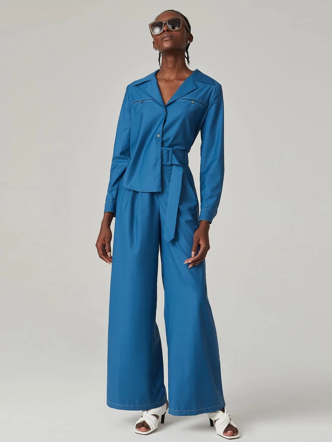 CM-JS701066 Women Elegant Seoul Style Long Sleeve Buckle Belted Wide Leg Jumpsuit - Blue