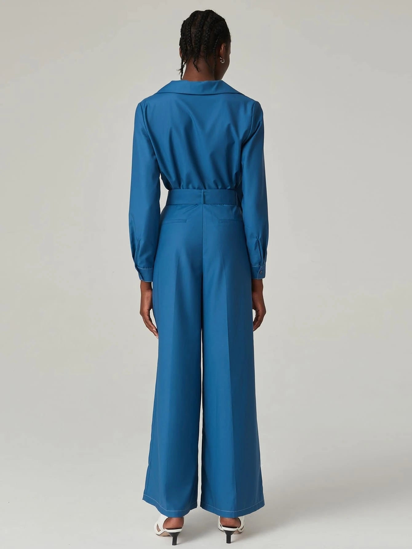 CM-JS701066 Women Elegant Seoul Style Long Sleeve Buckle Belted Wide Leg Jumpsuit - Blue