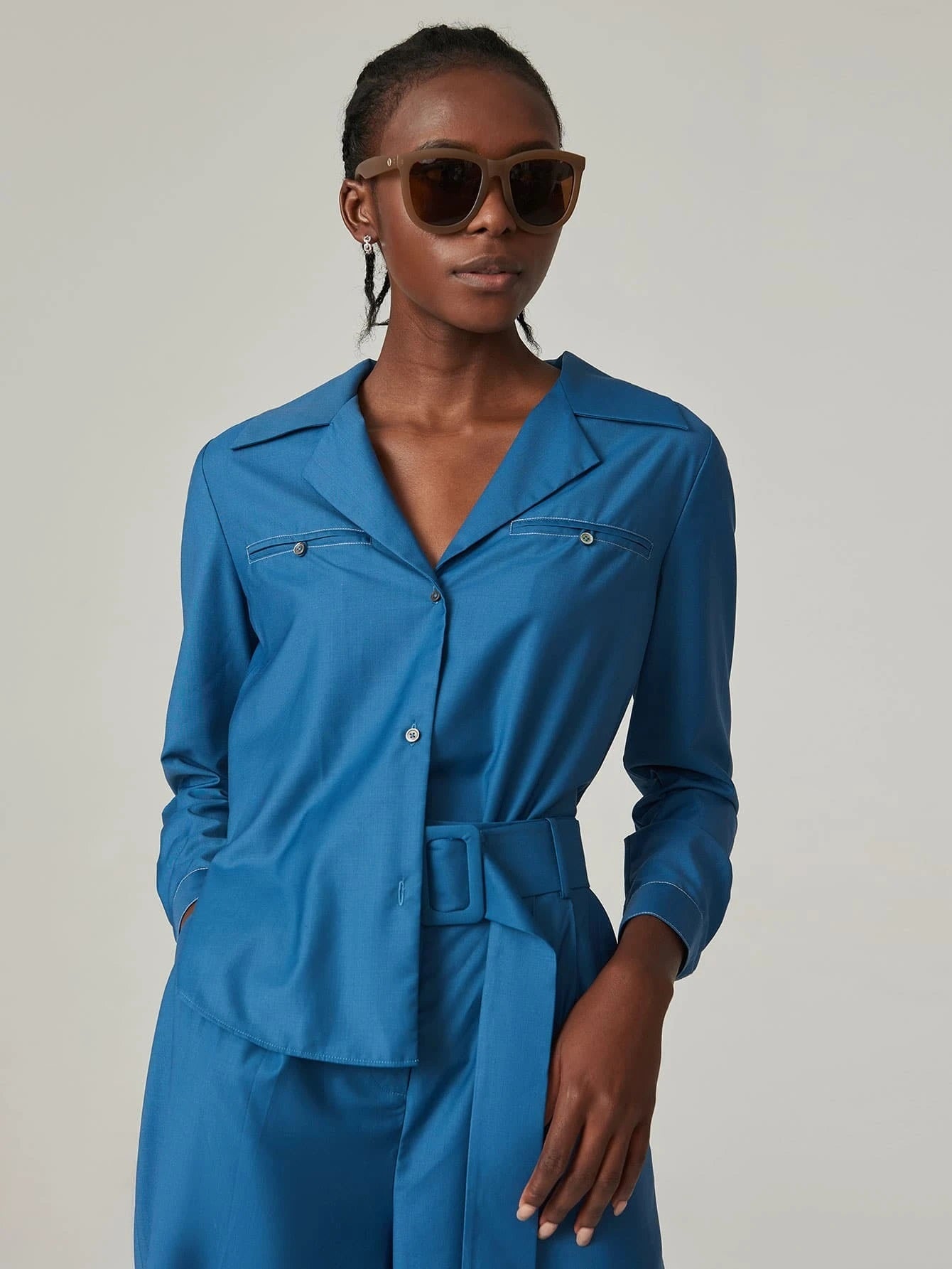 CM-JS701066 Women Elegant Seoul Style Long Sleeve Buckle Belted Wide Leg Jumpsuit - Blue