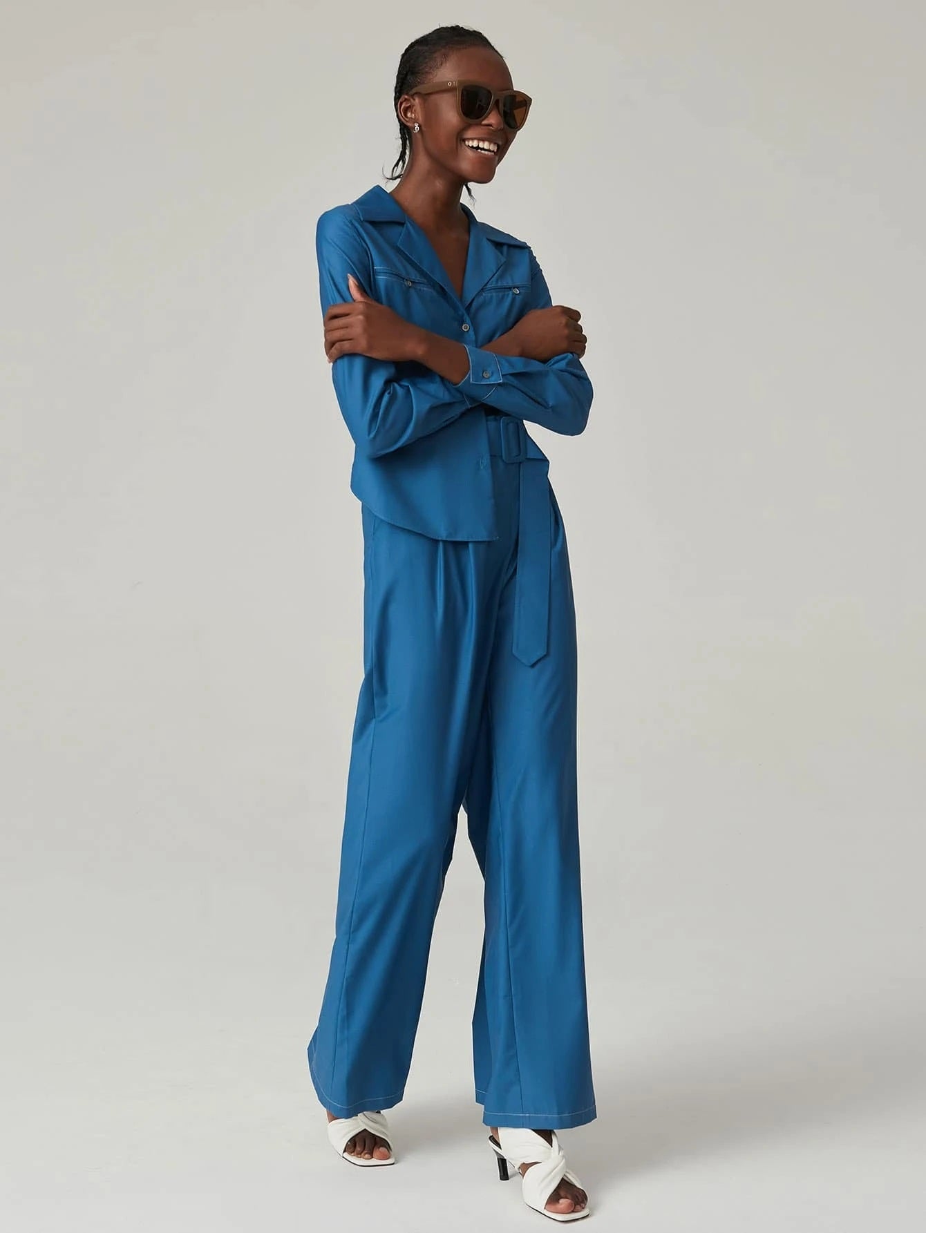 CM-JS701066 Women Elegant Seoul Style Long Sleeve Buckle Belted Wide Leg Jumpsuit - Blue
